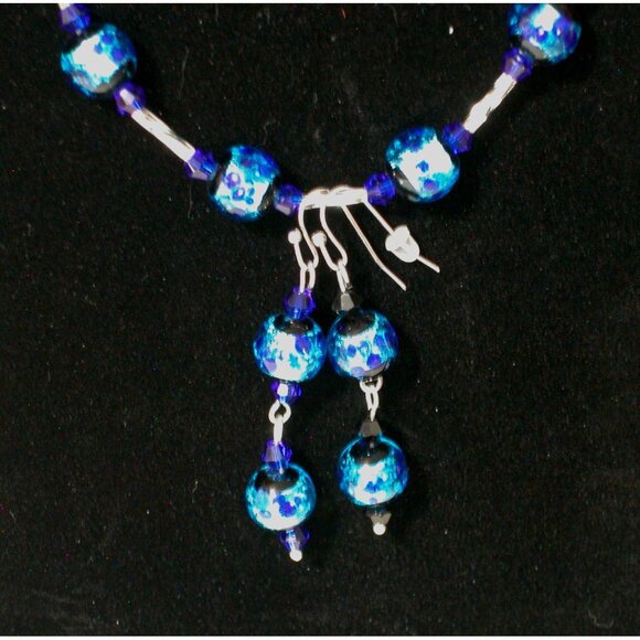 Blue Glass Beaded Necklace & Earrings Set With Silver Accents - Picture 5 of 6